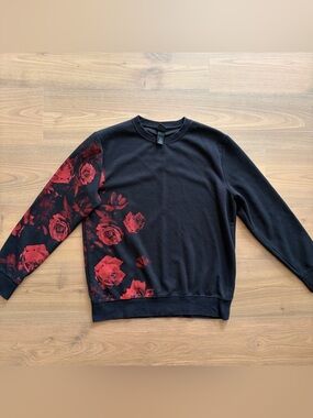 H&M Black Crewneck Sweater with Red Rose Design